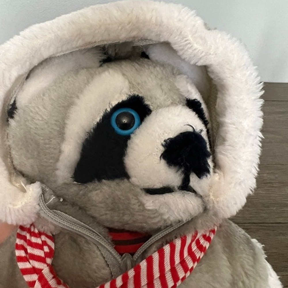 Vintage 1983 Interpur Grey Raccoon Plush Winter Coat Red White Striped Scarf 80s